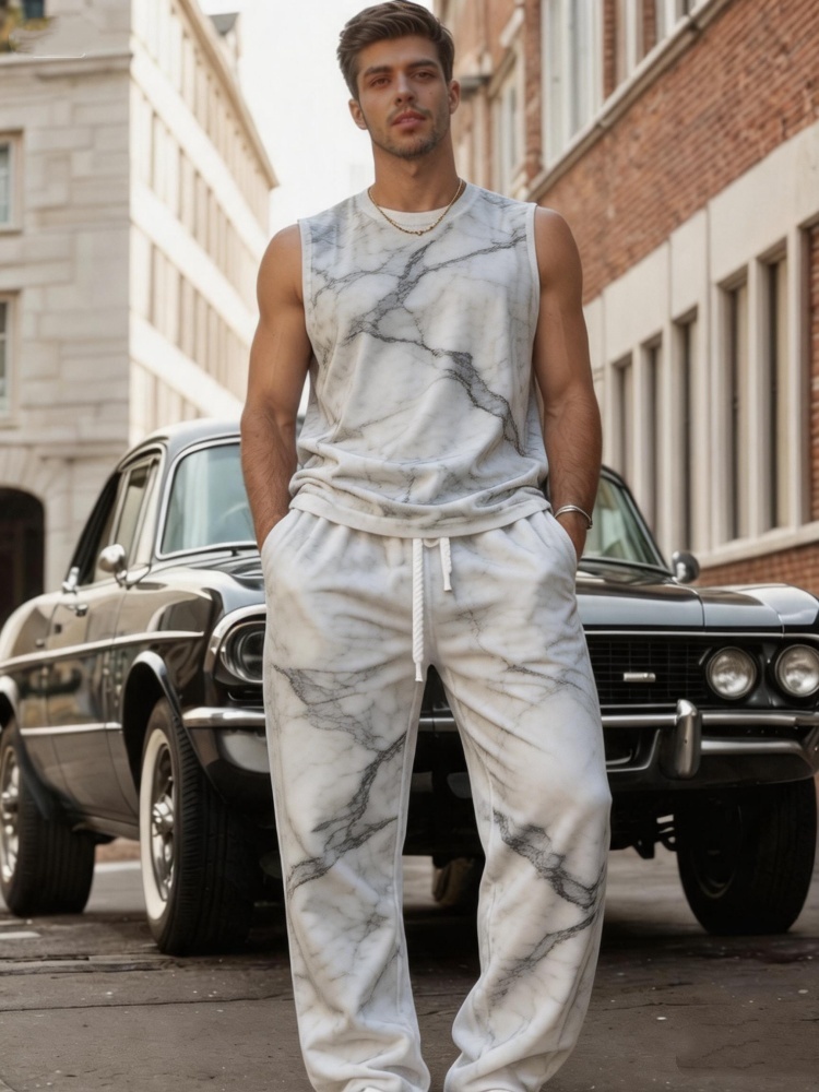 Track Suit Men - Men's Marble Texture Print Sleeveless Tank