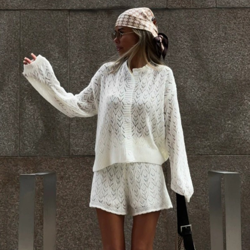 Knitted Cardigan Men - Tuularose White Knit Shorts 2-piece Set
