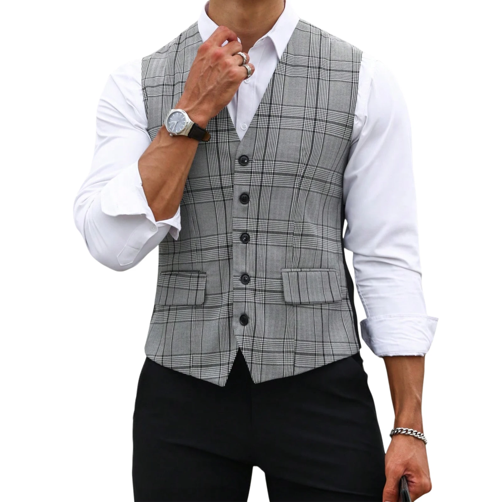 Men Grey Plaid Suit Vest Slim  - Formal Waistcoat Vest ulasan dan harga