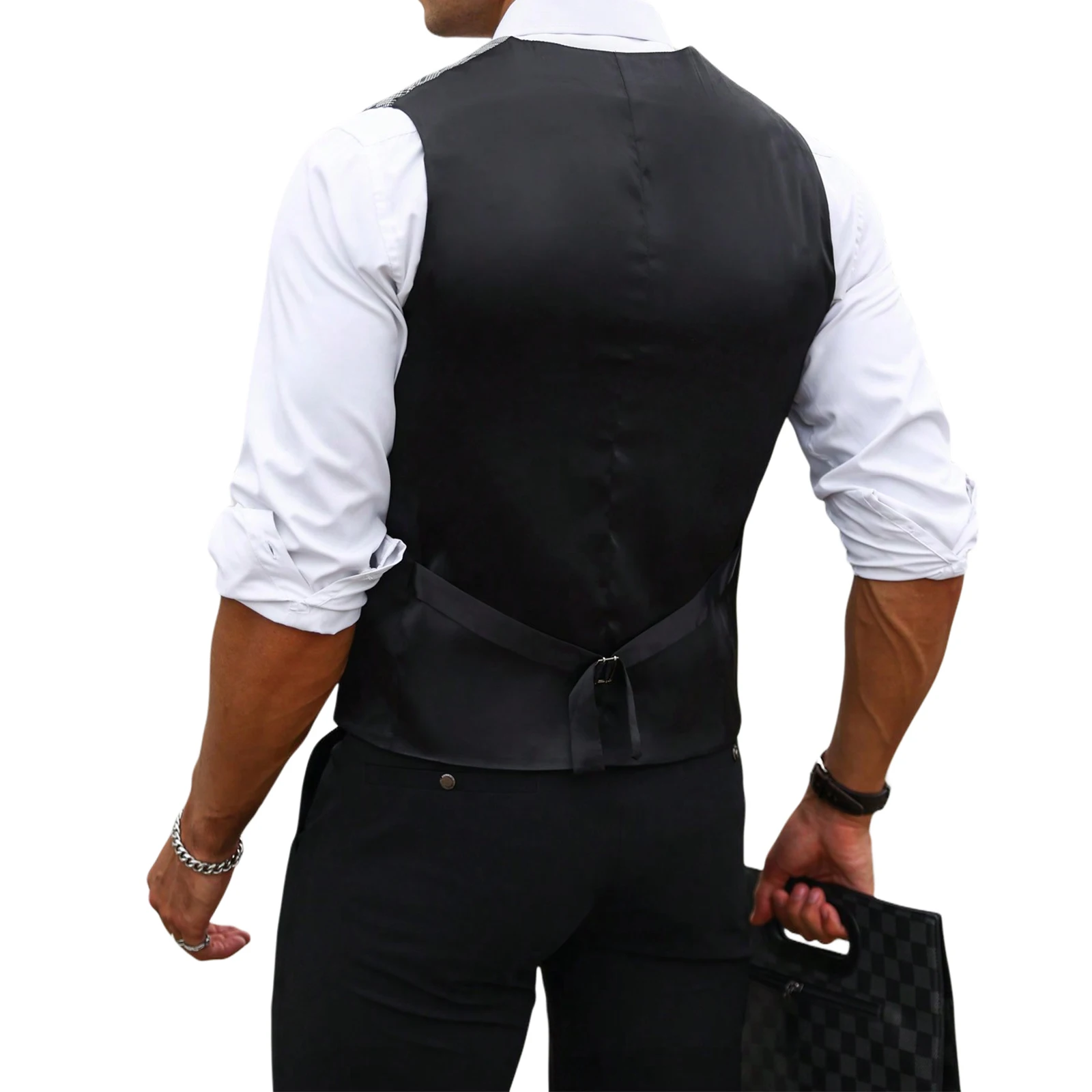 Men Grey Plaid Suit Vest Slim  - Formal Waistcoat Vest ulasan dan harga