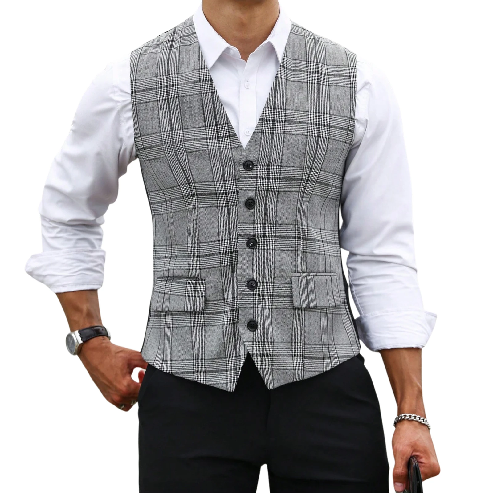 Men Grey Plaid Suit Vest Slim  - Formal Waistcoat Vest ulasan dan harga