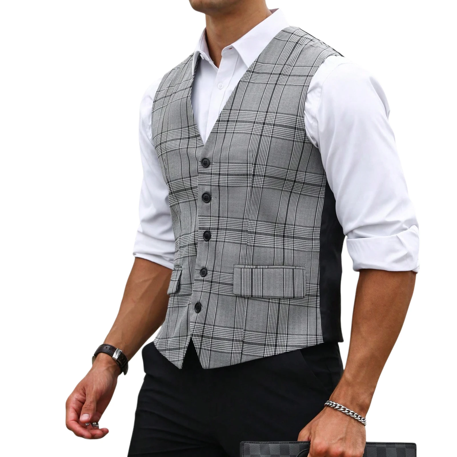 Men Grey Plaid Suit Vest Slim  - Formal Waistcoat Vest ulasan dan harga
